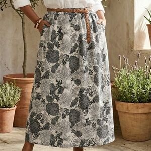 Vintage 90s Hot Cotton 100% Linen Floral Maxi Skirt 1X Lagenlook Coastal Boho